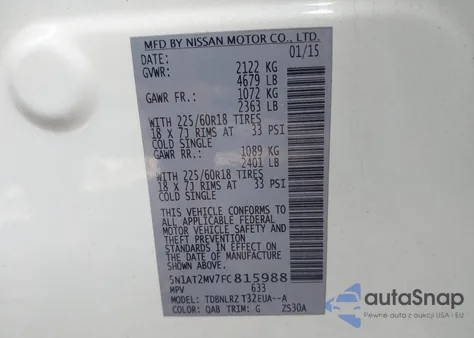 2015 Nissan Rogue Sl из США, поврежденный, VIN 5N1AT2MV7FC815988